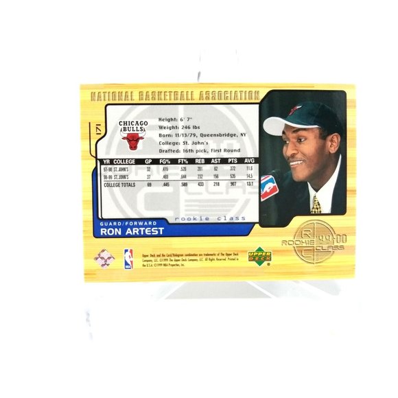 Ron Artest Rookie Upper Deck 1999 Rookie Class 99-00 16th Pick Vintage (33tc) - Picture 2 of 2